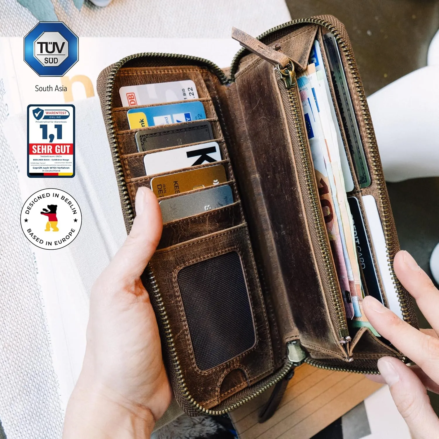 BERLINER BAGS Vintage Genuine Leather Wallet Margo, RFID Blocking Credit Card Holder, Slim Womens Wallet, Zip Around Wallet for 13 Cards and ID window, Bills, Coins - Brown