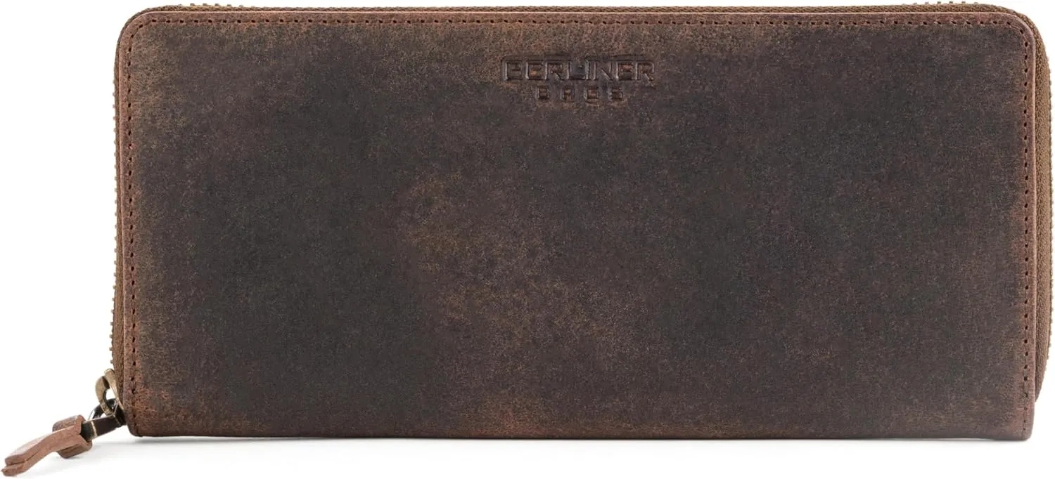 BERLINER BAGS Vintage Genuine Leather Wallet Palma, RFID Blocking Credit Card Holder, Slim Womens Wallet, Zip Around Wallet for 14 Cards, Bills, Coins, ID Window - Brown