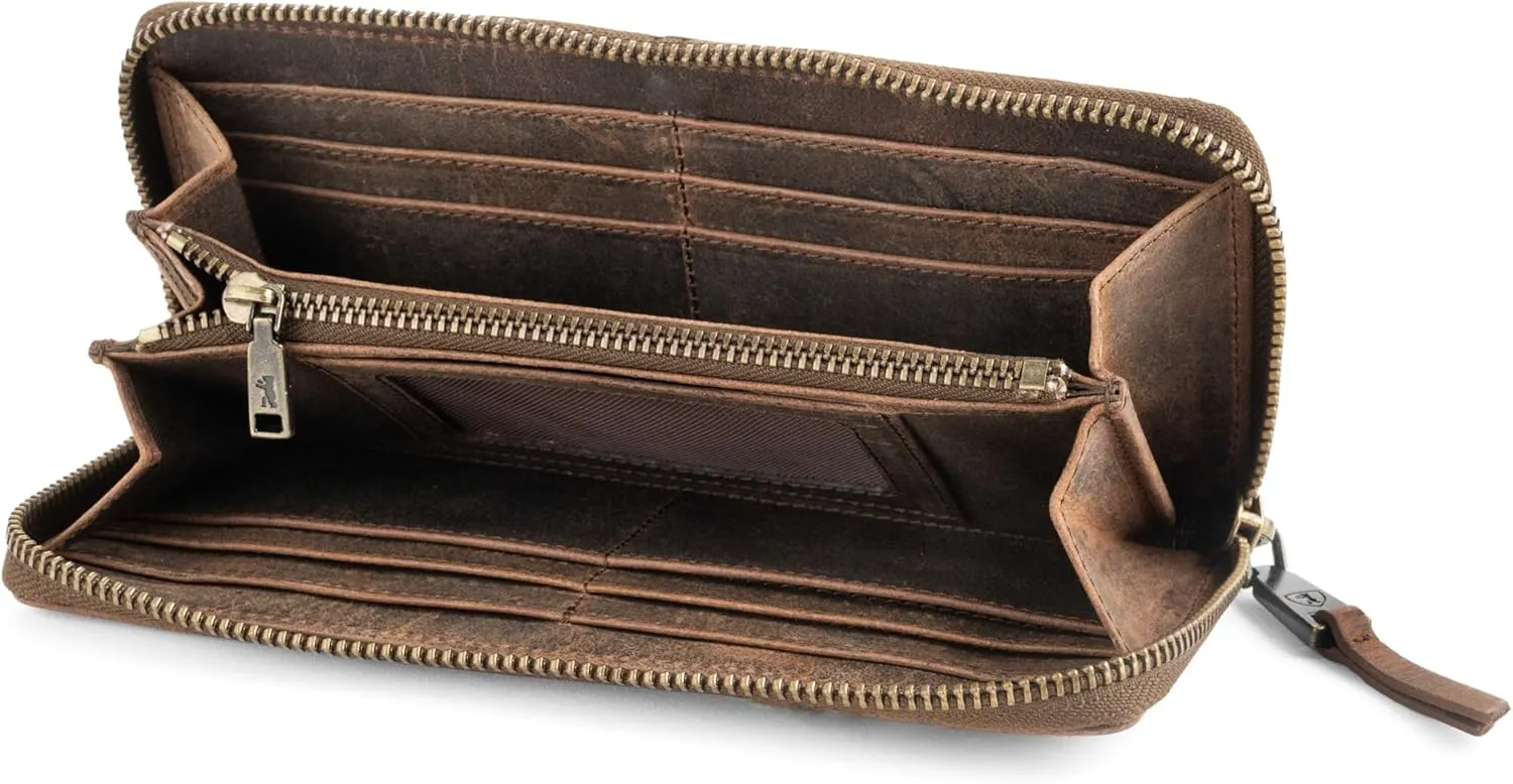 BERLINER BAGS Vintage Genuine Leather Wallet Palma, RFID Blocking Credit Card Holder, Slim Womens Wallet, Zip Around Wallet for 14 Cards, Bills, Coins, ID Window - Brown