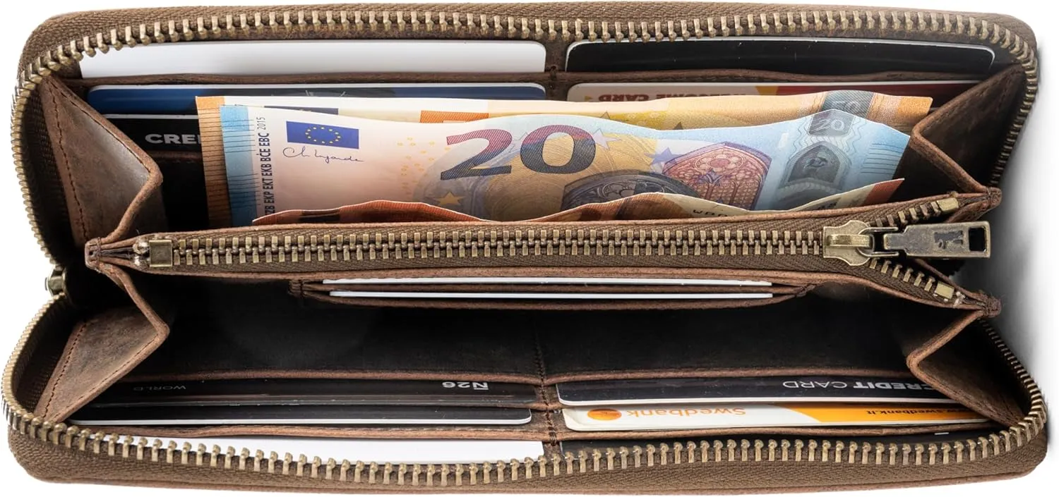 BERLINER BAGS Vintage Genuine Leather Wallet Palma, RFID Blocking Credit Card Holder, Slim Womens Wallet, Zip Around Wallet for 14 Cards, Bills, Coins, ID Window - Brown