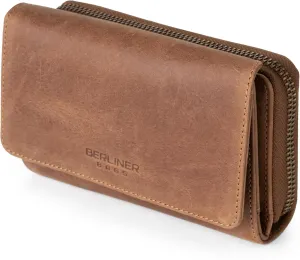 BERLINER BAGS Vintage Genuine Leather Wallet Vienna, RFID Blocking Credit Card Holder, Trifold Clutch Purses, Zip Around Womens Wallet for 19 cards, ID window, Bills, Coins - Brown