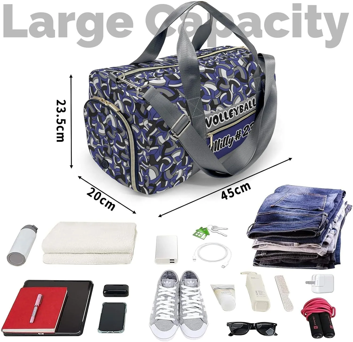 Blue Grey Black Volleyball Customized Duffel Bags Weekender Overnight Bag Travel Bag Personalized Gift Gym Bags School Bag