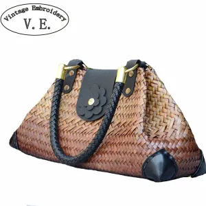 Boho Thailand Women Straw Bags Handmade Beach Bags Ladies Travel Handbags Weave Straw Beach Shoulder Bag Knitting Rattan Bags