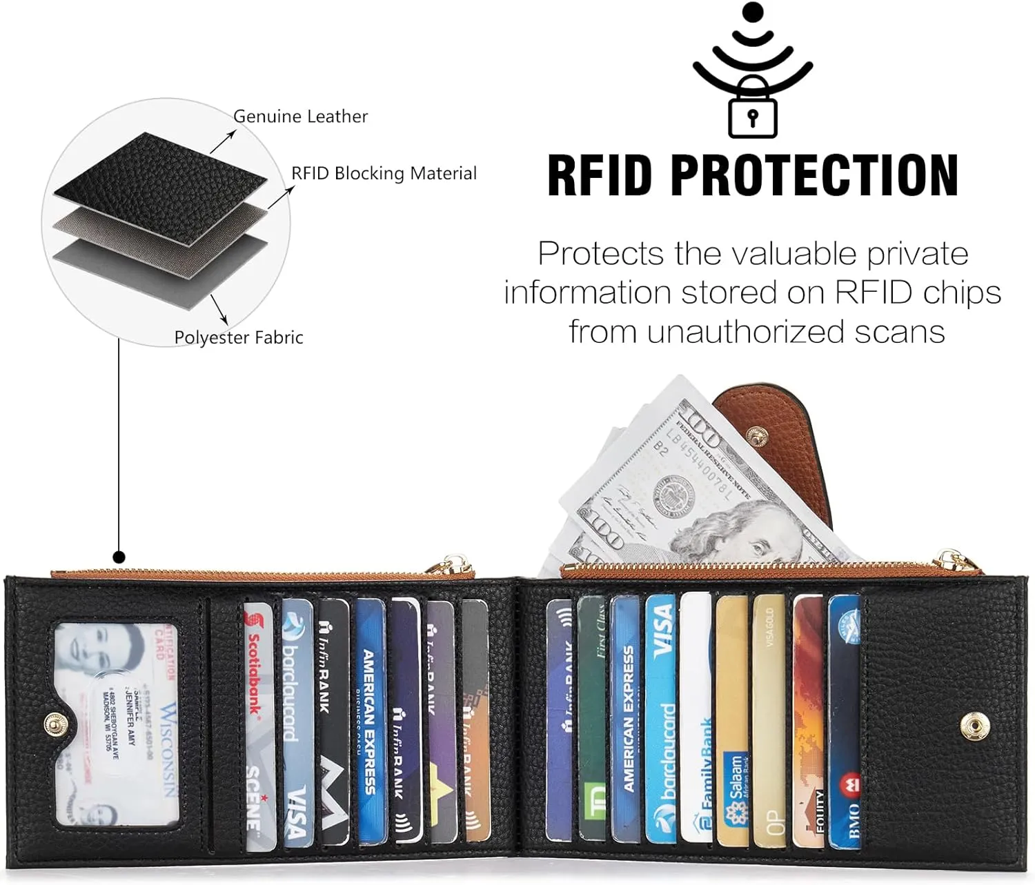 BOSTANTEN Leather Wallets for Women RFID Blocking Slim Bofild Purse Card Holder with Zipper Pocket