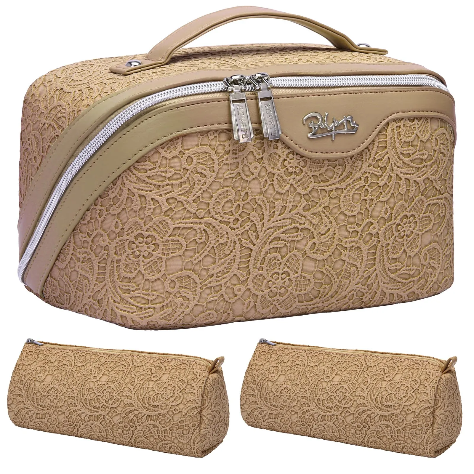 BOYATU Travel Makeup Bags Cosmetic Organizer Bag: 3-Set Large Capacity Make up Bag - PU Leather Toiletry Bags for Women - Wide Open Portable Pouch with Divider & Handle (03-Straw Yellow)