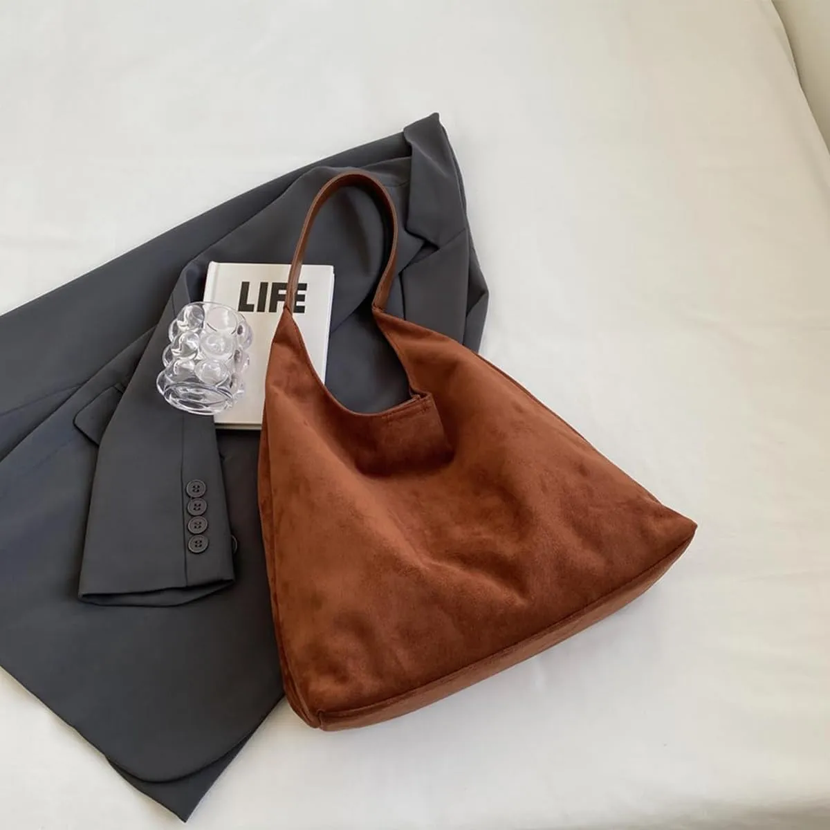 Brown Suede Women's Tote Bag - Faux Leather Shoulder Handbag