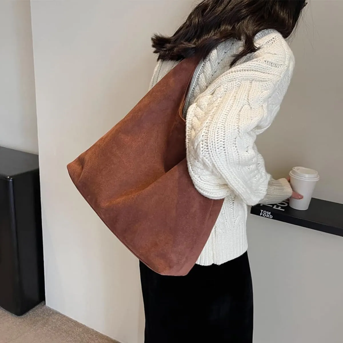 Brown Suede Women's Tote Bag - Faux Leather Shoulder Handbag