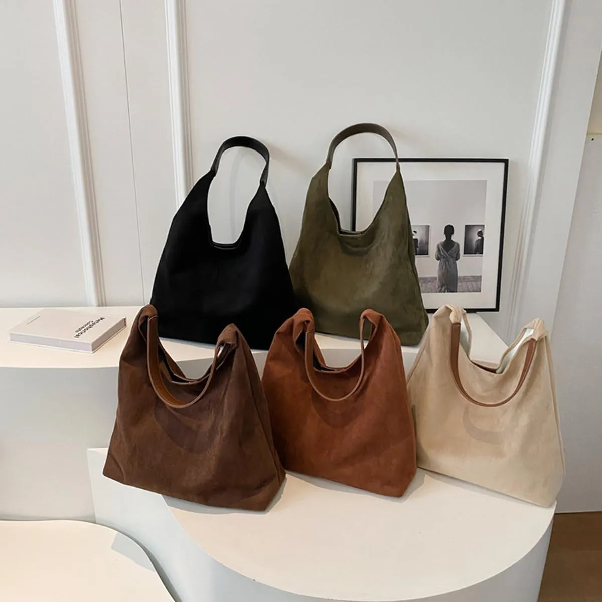 Brown Suede Women's Tote Bag - Faux Leather Shoulder Handbag