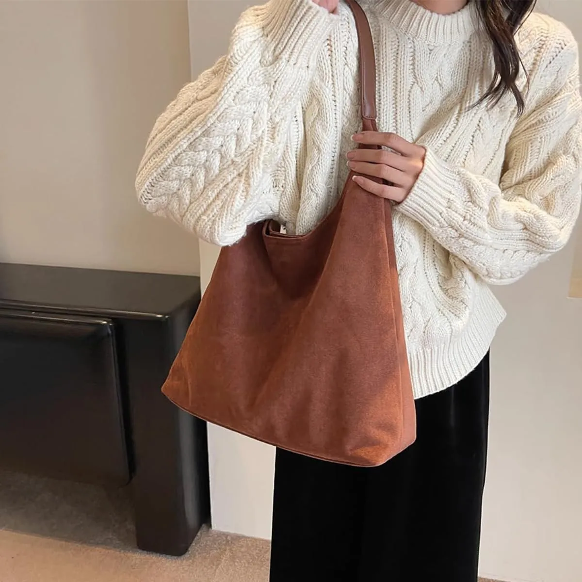 Brown Suede Women's Tote Bag - Faux Leather Shoulder Handbag