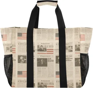 Brown Vintage American Newspaper Utility Tote Bag Collapsable With Compartments with Handles Beach Bag