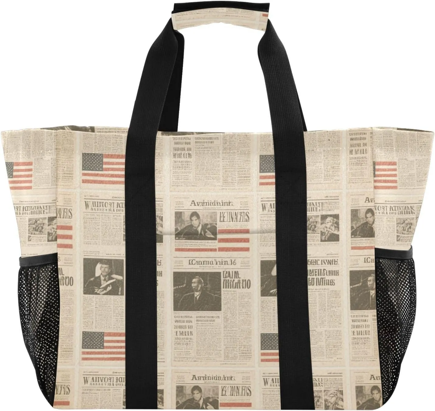 Brown Vintage American Newspaper Utility Tote Bag Collapsable With Compartments with Handles Beach Bag