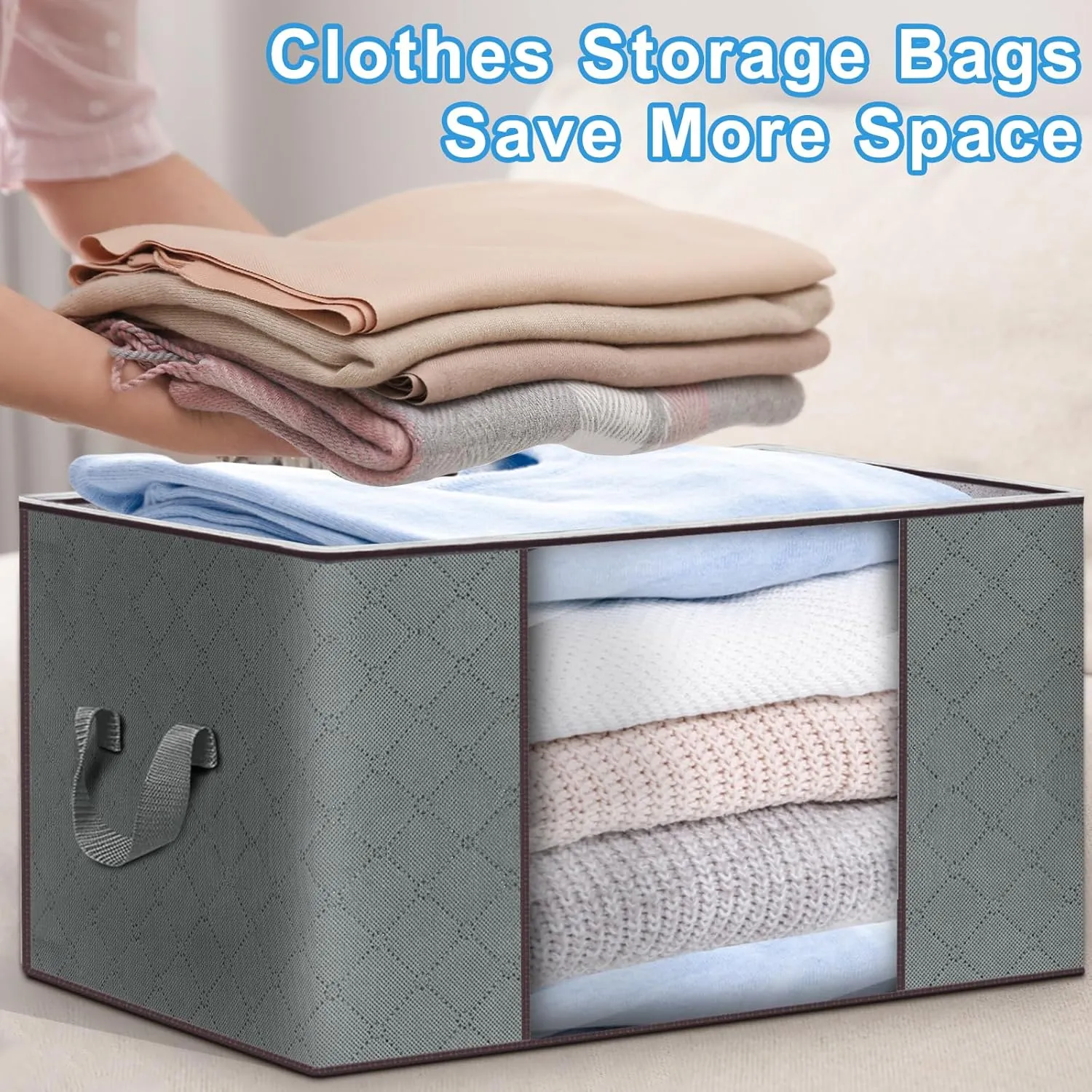Budding Joy Clothes Storage, Foldable Large Storage Bags, Storage and Organization for Clothing, Blanket, Comforter, Clothes, Pillows, Toys, Closet Organizers with Enhanced Handle, 60L 12 Pack