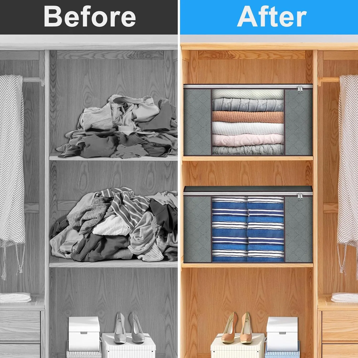 Budding Joy Clothes Storage, Foldable Large Storage Bags, Storage and Organization for Clothing, Blanket, Comforter, Clothes, Pillows, Toys, Closet Organizers with Enhanced Handle, 60L 12 Pack