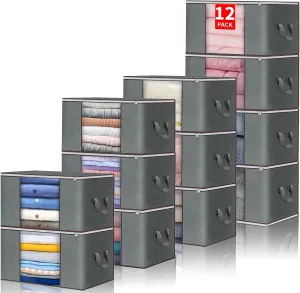 Budding Joy Clothes Storage, Foldable Large Storage Bags, Storage and Organization for Clothing, Blanket, Comforter, Clothes, Pillows, Toys, Closet Organizers with Enhanced Handle, 60L 12 Pack