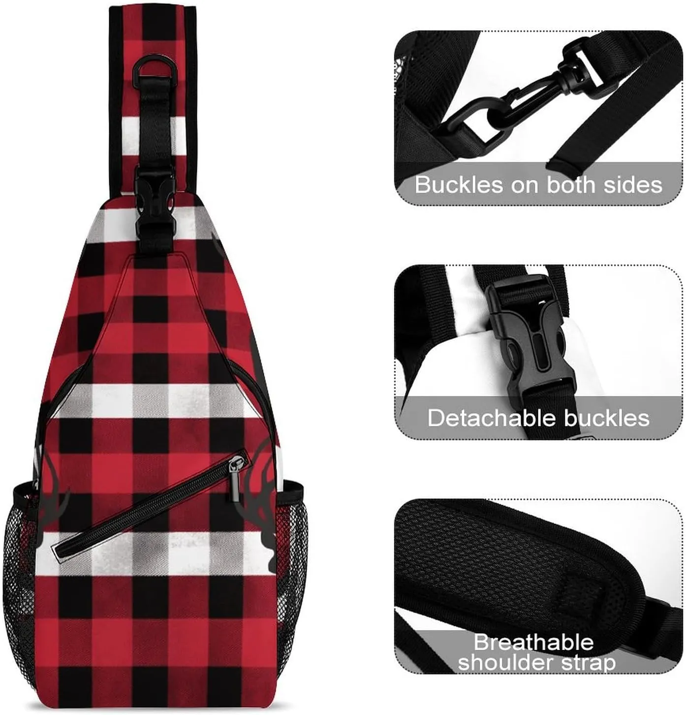 Buffalo Plaid Deer Sling Bag Crossbody Bags Cross Body Bag Fanny Packs Chest Bags Sling Purses for Travel