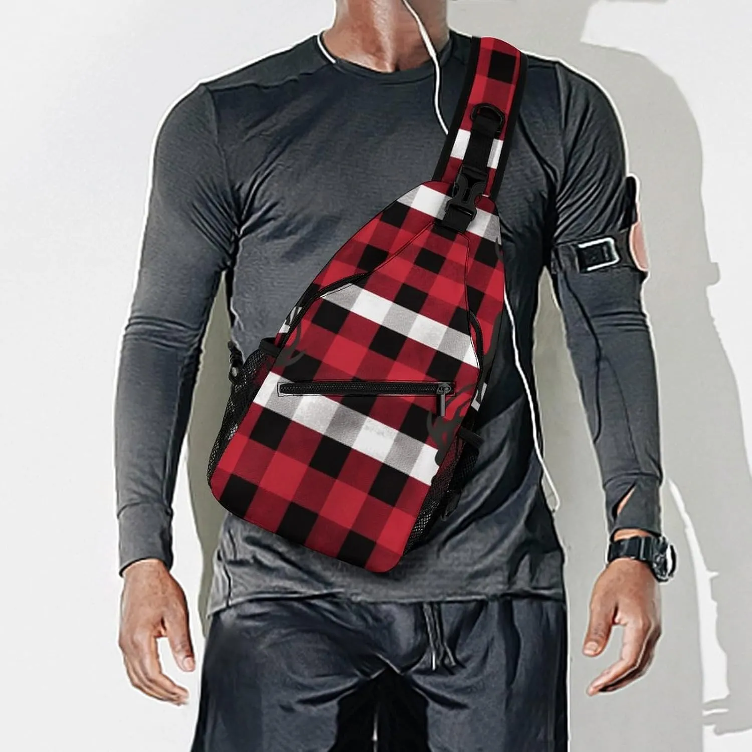 Buffalo Plaid Deer Sling Bag Crossbody Bags Cross Body Bag Fanny Packs Chest Bags Sling Purses for Travel