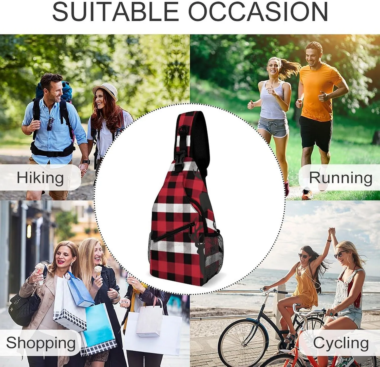 Buffalo Plaid Deer Sling Bag Crossbody Bags Cross Body Bag Fanny Packs Chest Bags Sling Purses for Travel