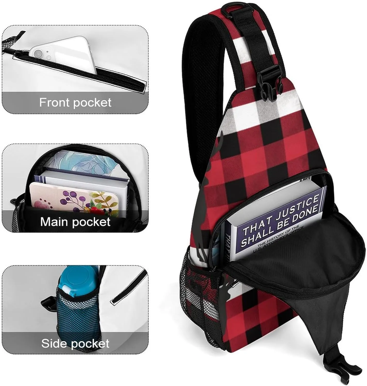 Buffalo Plaid Deer Sling Bag Crossbody Bags Cross Body Bag Fanny Packs Chest Bags Sling Purses for Travel