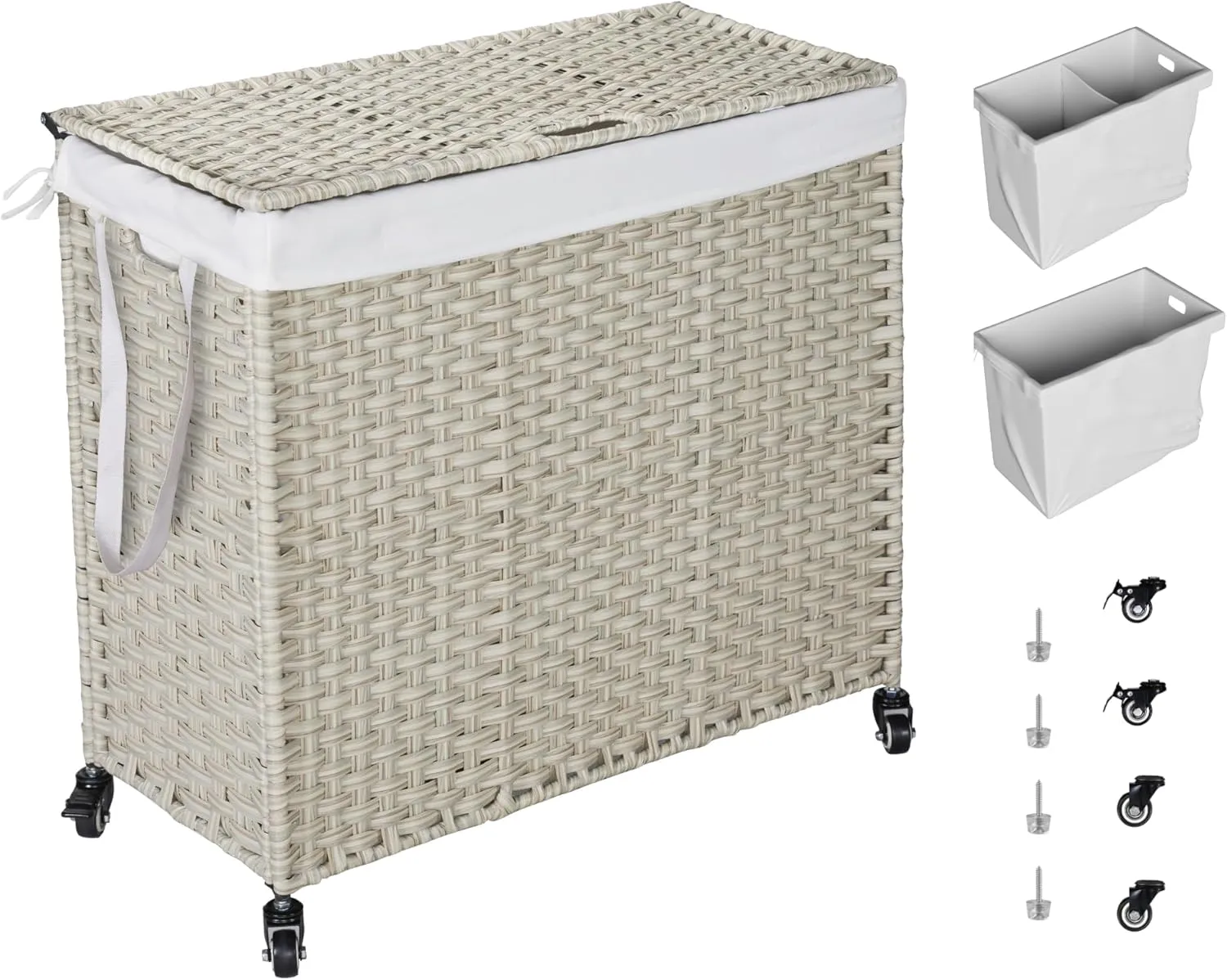 Bullpiano 160L Laundry Hamper with Lid, Rolling Laundry Basket with Wheels and Handle, 2-Section PE Rattan Laundry Hamper with 2 Removable Liner Bags (Light Grey)