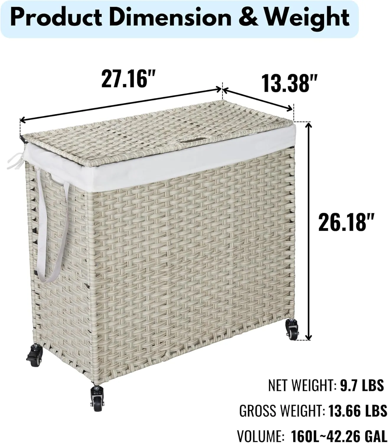 Bullpiano 160L Laundry Hamper with Lid, Rolling Laundry Basket with Wheels and Handle, 2-Section PE Rattan Laundry Hamper with 2 Removable Liner Bags (Light Grey)