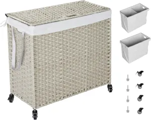 Bullpiano 160L Laundry Hamper with Lid, Rolling Laundry Basket with Wheels and Handle, 2-Section PE Rattan Laundry Hamper with 2 Removable Liner Bags (Light Grey)