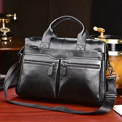 Business Briefcases Men Cowhide Leather Fit 14'' Laptop Bag