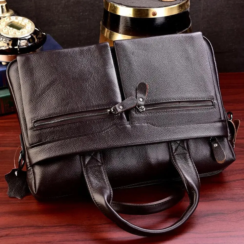 Business Briefcases Men Cowhide Leather Fit 14'' Laptop Bag