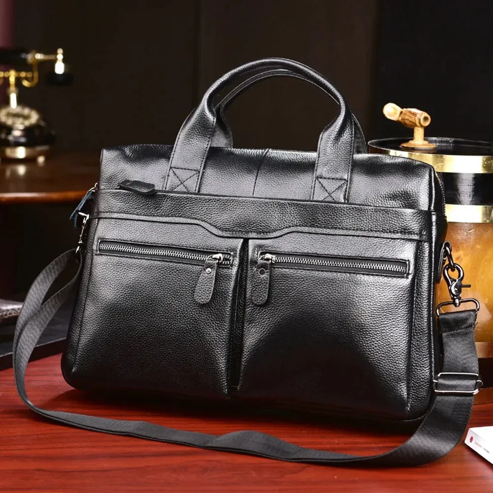 Business Briefcases Men Cowhide Leather Fit 14'' Laptop Bag