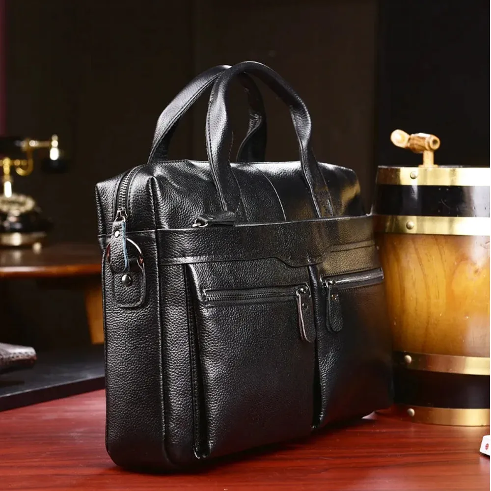 Business Briefcases Men Cowhide Leather Fit 14'' Laptop Bag