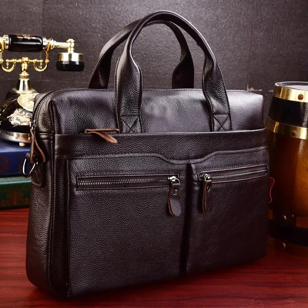 Business Briefcases Men Cowhide Leather Fit 14'' Laptop Bag
