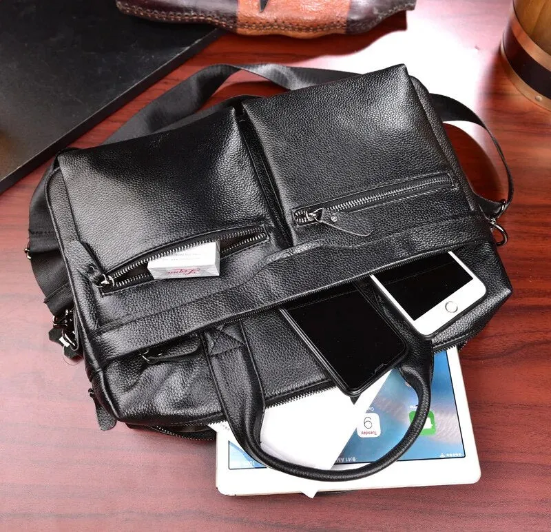 Business Briefcases Men Cowhide Leather Fit 14'' Laptop Bag