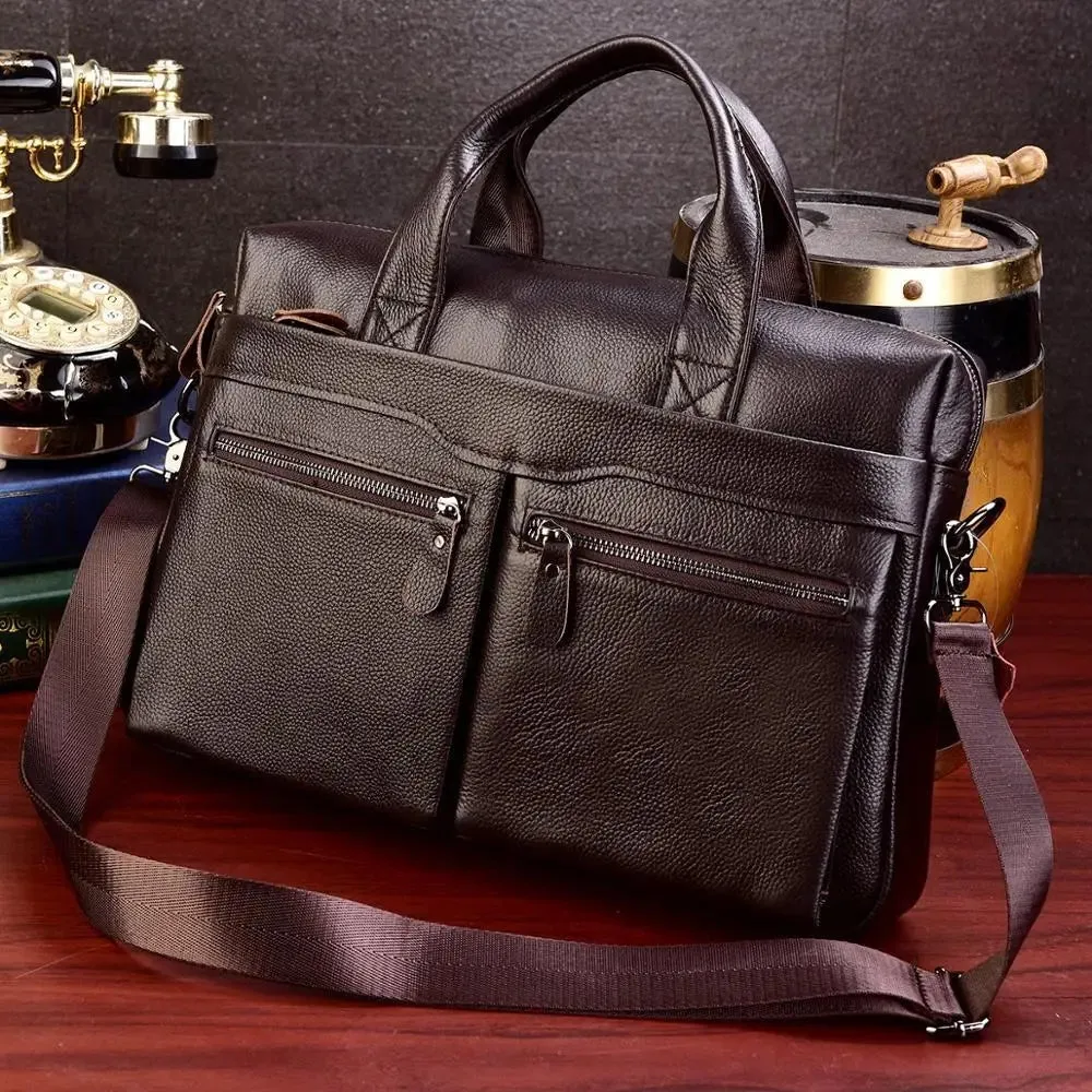 Business Briefcases Men Cowhide Leather Fit 14'' Laptop Bag