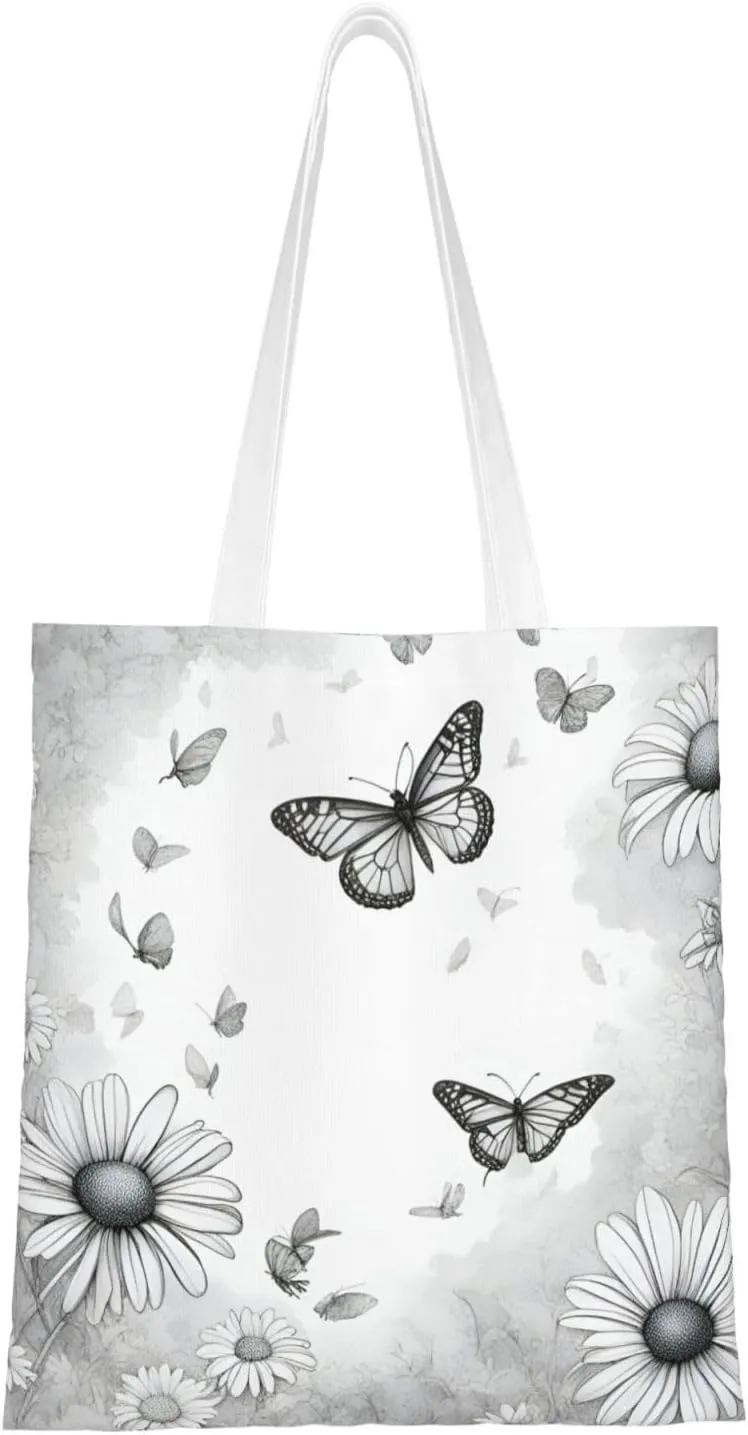 Butterfly Daisy Print Canvas Tote Bag Reusable Shoulder Shopping Bags For Daily Use Shopping Travel