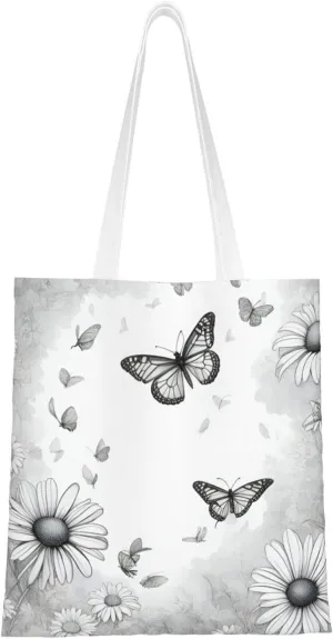 Butterfly Daisy Print Canvas Tote Bag Reusable Shoulder Shopping Bags For Daily Use Shopping Travel