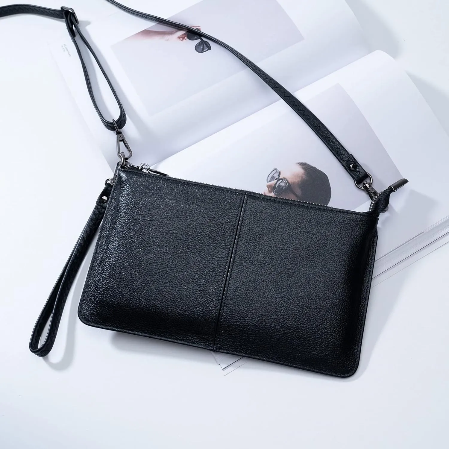 Bveyzi Genuine Leather Wristlet Purses for Women, Envelope Clutch Wallet Small Crossbody Bags for Dressy Evening