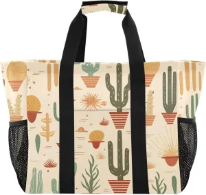 Cactus Succulents Colorful Flower Tote Bag for Women with Zipper Large Beach Bags Foldable Handbags Work Bag Totes for Pool Grocery Travel Gym