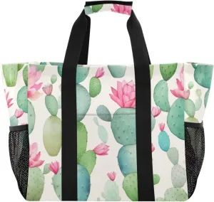 Cactus Succulents Colorful Tote Bag for Women with Zipper Large Beach Bags Foldable Totes Work Bag Handbags for Gym Grocery Pool Travel