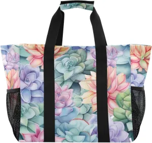 Cactus Watercolor Succulent Tote Bag for Women with Zipper Large Beach Bags Foldable Handbags Work Bag Totes for Gym Pool Grocery Travel