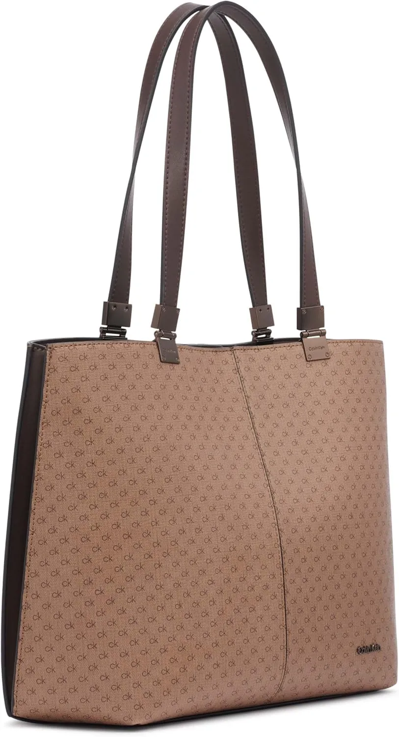 Calvin Klein Granite Geometric Tote Bag – Vegan Leather, Monogram, 3 Pockets