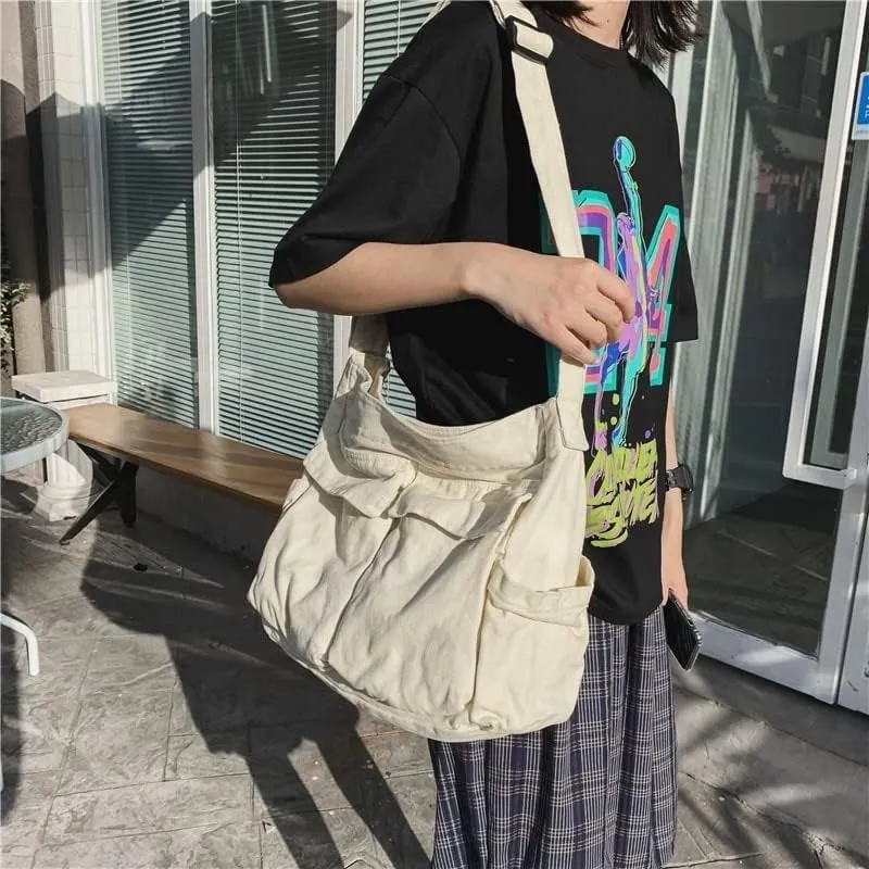 Canvas Messenger Vintage Bag Letter Pattern Crossbody Bag Emo Goth Shoulder Satchels Y2K Harajuku Bag Grunge Handbag