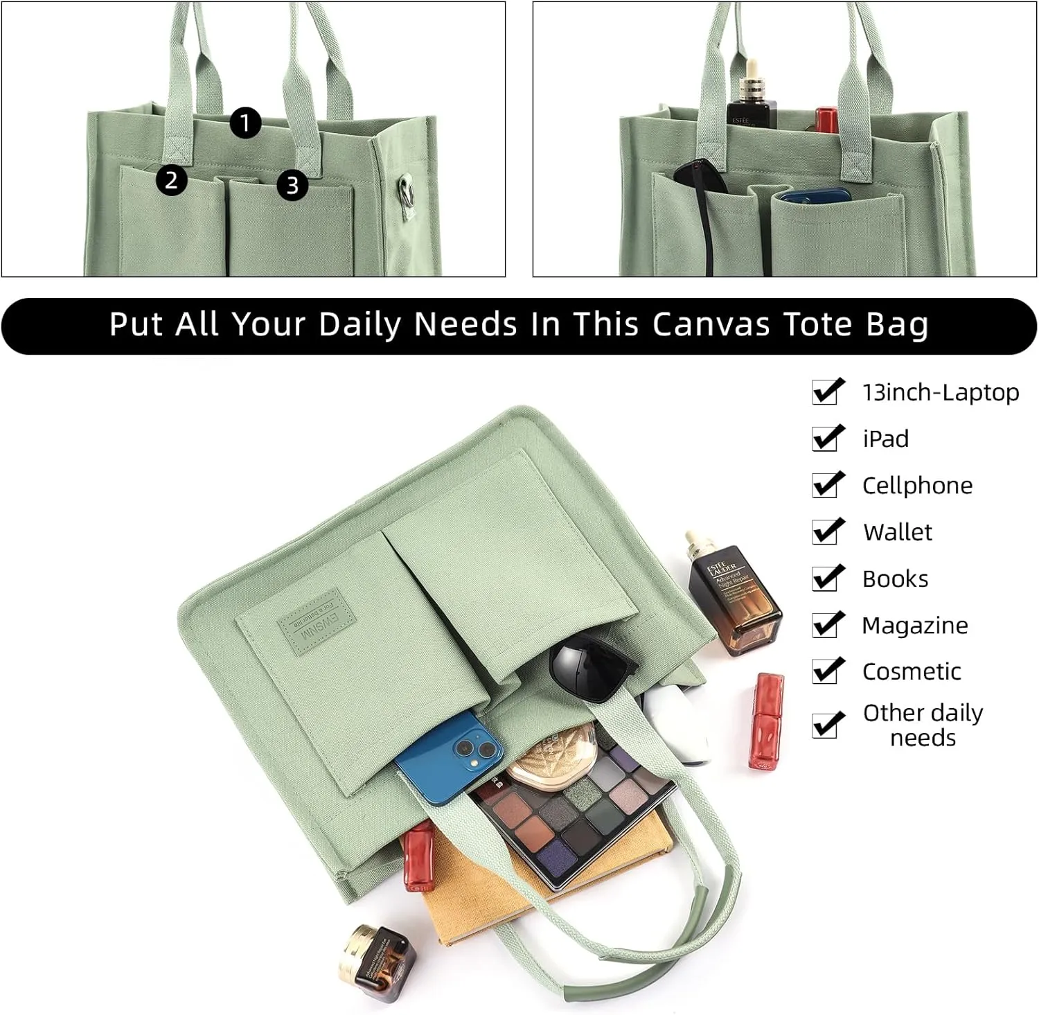 Canvas Tote Bag for Women, Large Laptop Travel Tote Handbag Totes with Crossbody Shoulder Teachers Reusable Grocery Bags
