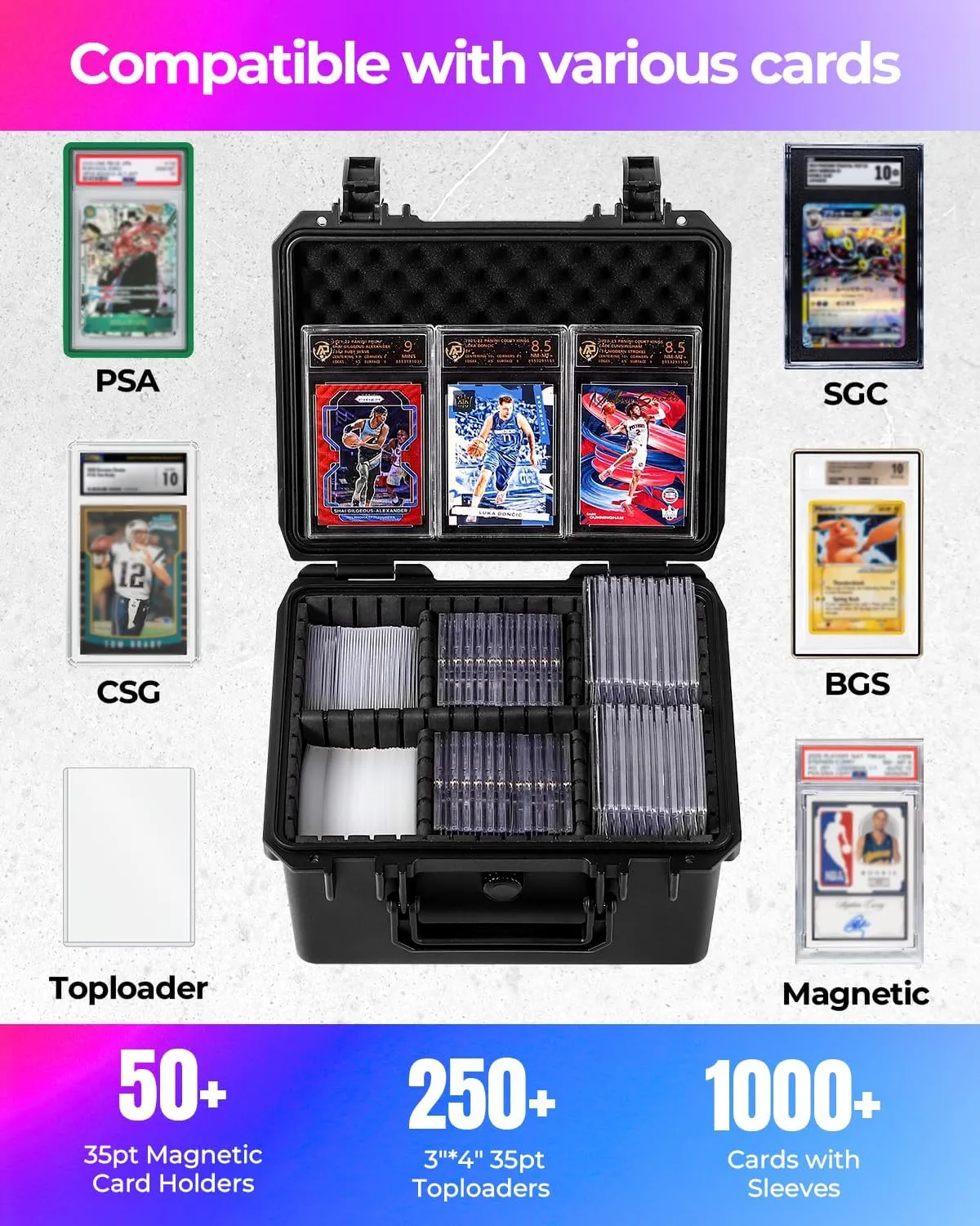 Card Case Storage for Graded Sports Cards, Trading Card Box with Adjustable Dividers, Waterproof Card Organizer for Rigid, Magnetic Card Sleeves (Holds 250  Top Loaders)