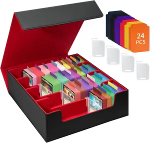 Card Deck Storage Box for Trading Cards 3000 MTG Deck Box with 24 Colorful Divider Tabs, Card Supporters PU Leather Trading Card Storage for Magic Game Cards TCG and Sport Cards (Black Red)