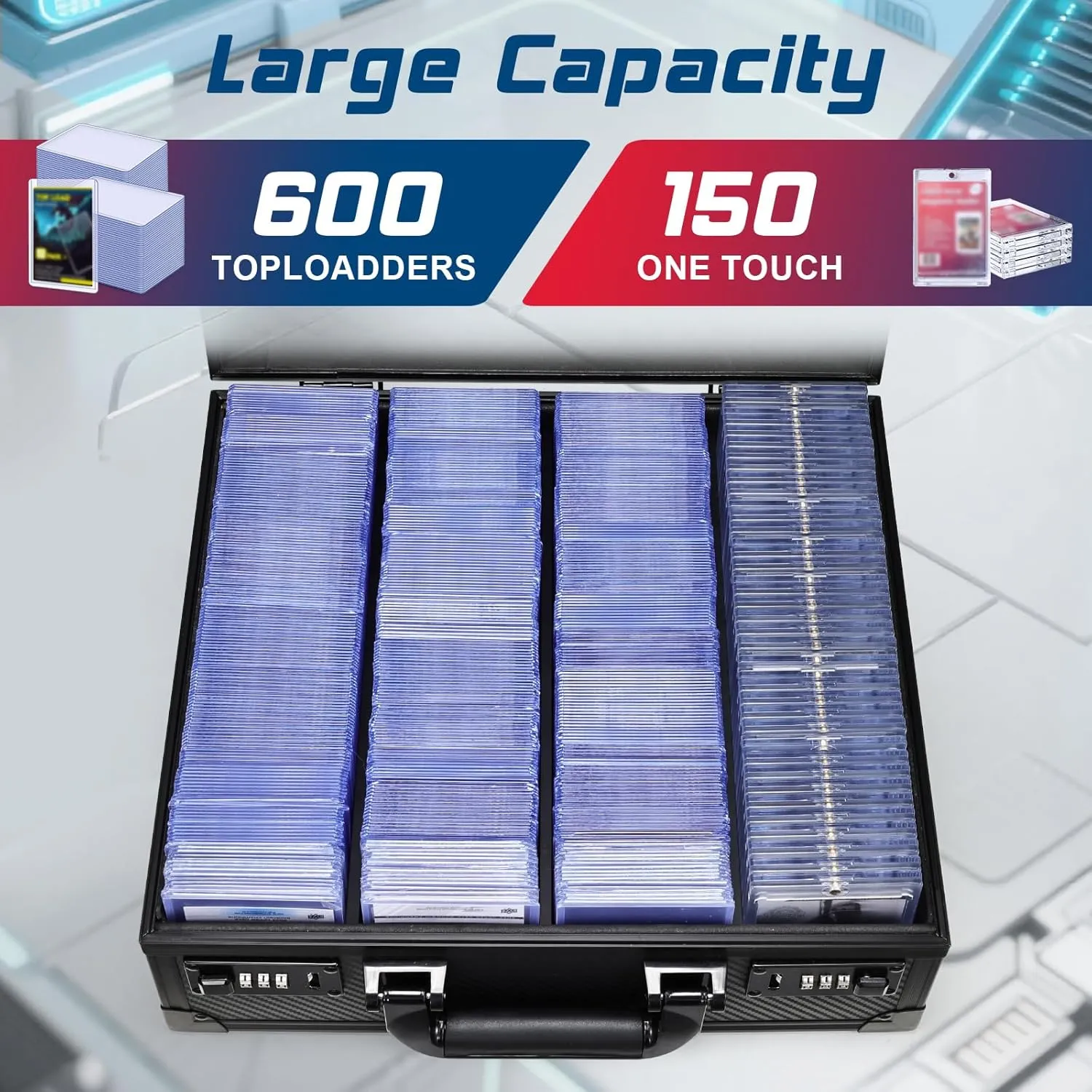 Card Storage Box for 3" x 4" 35pt Toploaders, Sports Cards Case with Lock, Trading Card Storage Box Holds 600  Top Loaders or 150 Magnetic Holders, Card Collection Box for Collectors