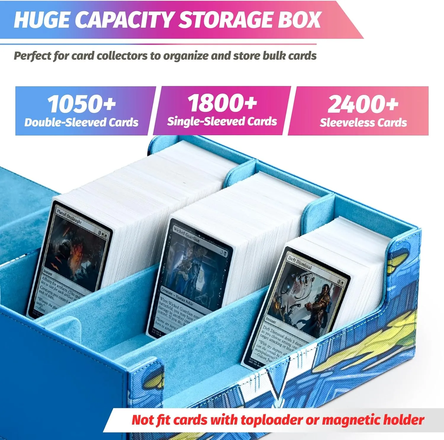 Card Storage Box for MTG, Trading Card Deck Box Holds 1800  with 6 Dividers, Leather Printing Magnetic Closure Storage Case Fits TCG CCG Sports (Blue, Water drop)
