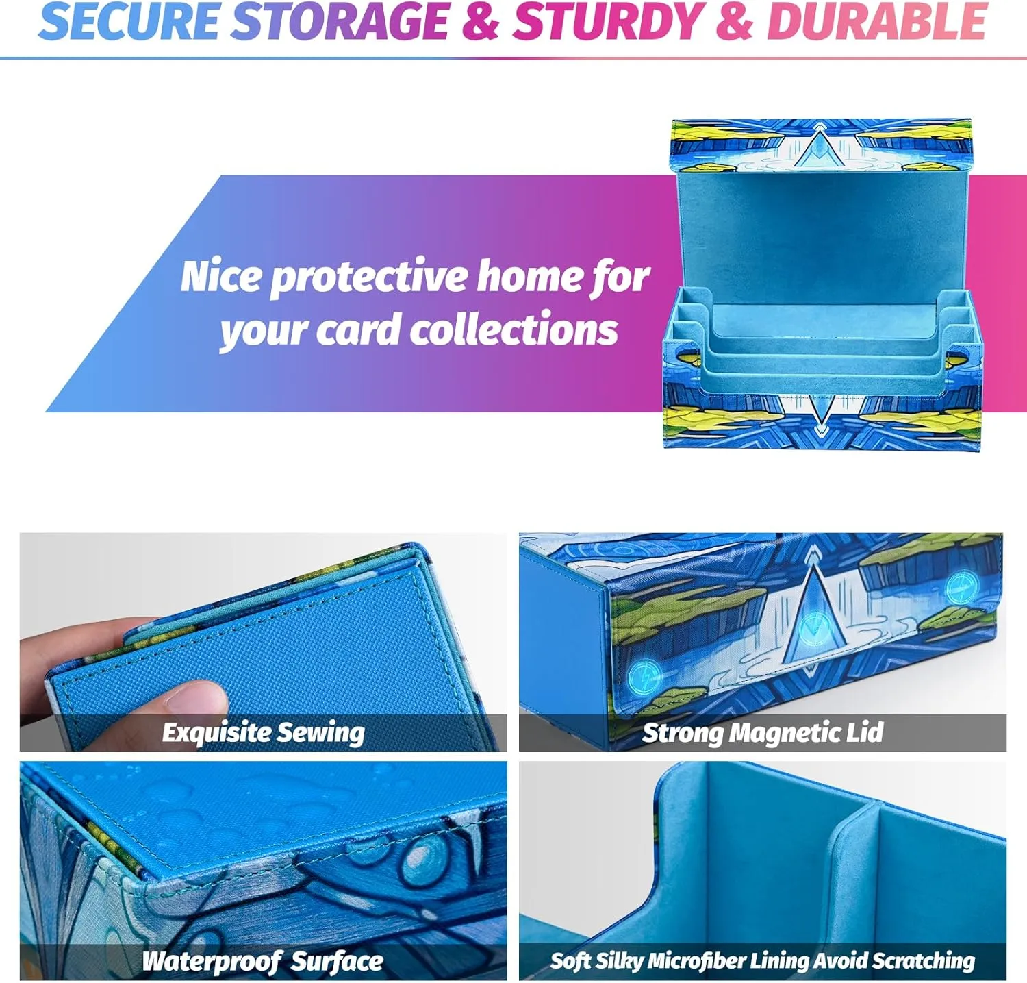Card Storage Box for MTG, Trading Card Deck Box Holds 1800  with 6 Dividers, Leather Printing Magnetic Closure Storage Case Fits TCG CCG Sports (Blue, Water drop)