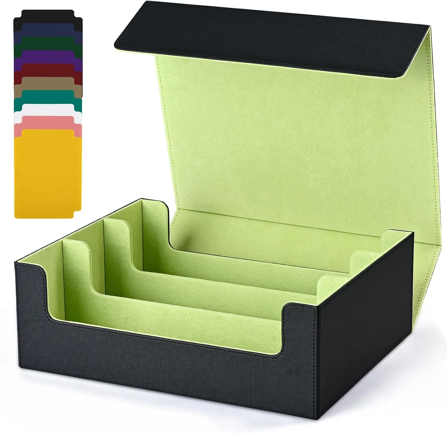 Card Storage Box for Trading Cards, 1800  PU Leather Commander Card Deck Case, Magnetic Closure Card Holder Fits for Magic Game Cards (Black&Lemon Green)