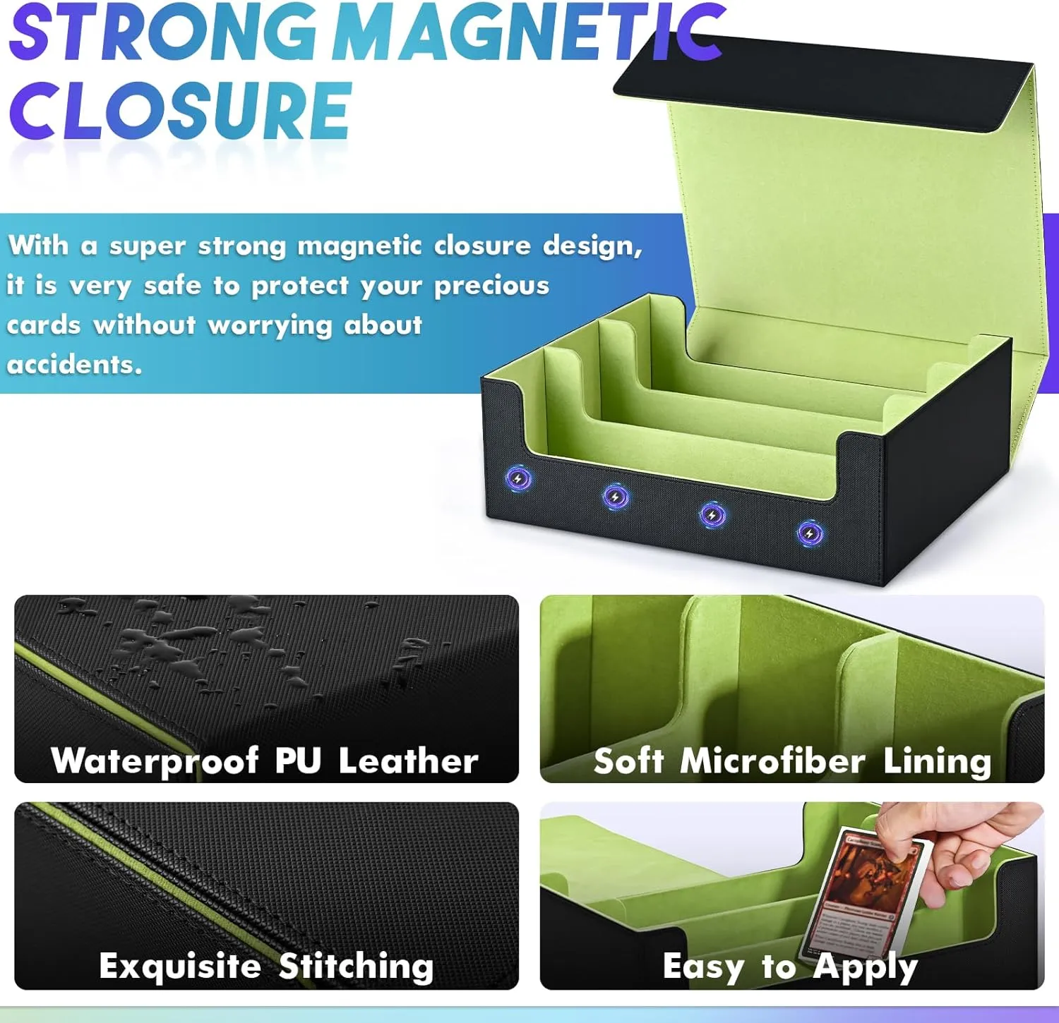 Card Storage Box for Trading Cards, 1800  PU Leather Commander Card Deck Case, Magnetic Closure Card Holder Fits for Magic Game Cards (Black&Lemon Green)