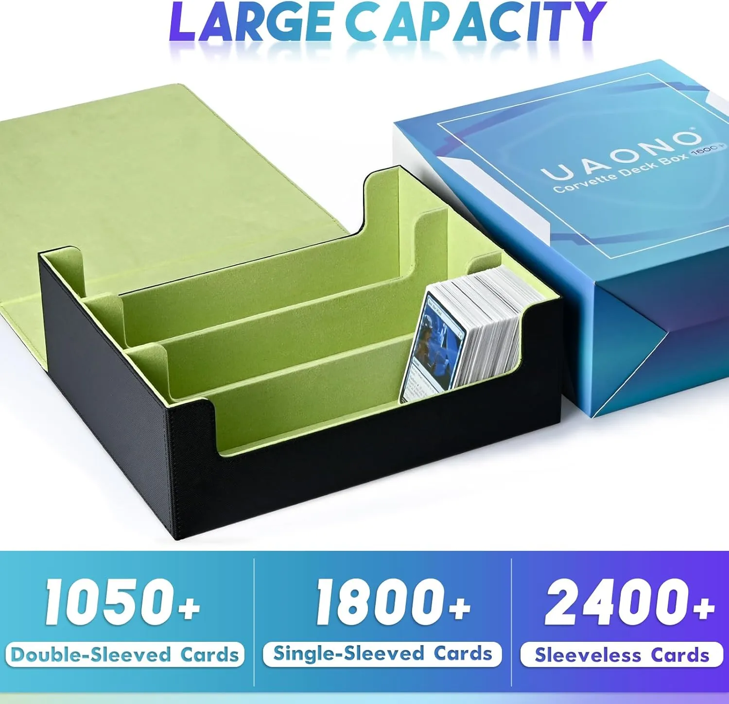 Card Storage Box for Trading Cards, 1800  PU Leather Commander Card Deck Case, Magnetic Closure Card Holder Fits for Magic Game Cards (Black&Lemon Green)