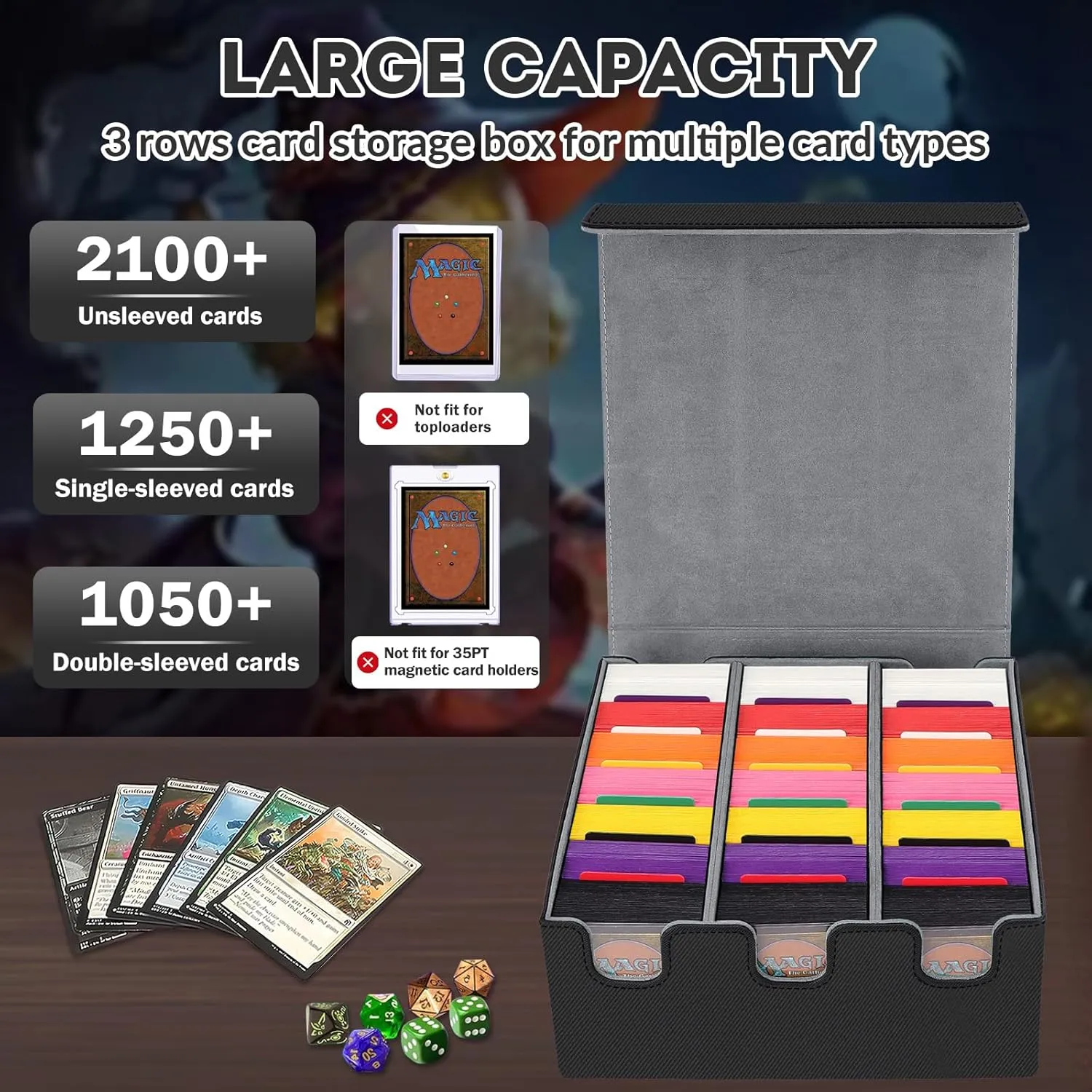 Card Storage Box for Trading Cards, 2100  Card Deck Case with PU Leather and Magnetic Closure, TCG Storage Box, Suitable for MTG, YuGiOh, and Sports Cards, Includes 8 Card Dividers
